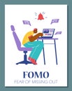 Young man sitting in laptop, FOMO fear of missing out vector flat poster, psychological negative syndrome Royalty Free Stock Photo