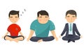 Young Man Sitting in Lotus Pose and Meditating Vector Illustration Set