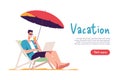 Young man sitting in lounge deck chair at the beach, working online with laptop and drinking juice. Vector illustration Royalty Free Stock Photo