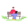 Young man sitting on park bench and using laptop isolated on white background Royalty Free Stock Photo