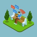 Young man sitting in the park and sending messages with smartphone. Vector 3d isometric illustration