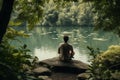 Young man sitting peacefully by tranquil lake. Generative AI