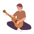 Young man sitting and playing guitar semi flat color vector character Royalty Free Stock Photo