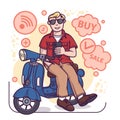 Young man sitting on scooter, holding smartphone and shopping. Pay online, cashless concept Royalty Free Stock Photo