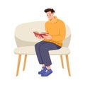 Young Man Sitting on Sofa Reading Book Spending His Time at Home Vector Illustration Royalty Free Stock Photo