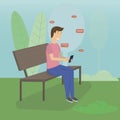 Young man sitting in the street or park and sending message via chat to someone using his smartphone. Flat vector