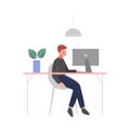 Young Man Sitting at the Table and Working with Laptop in Office, Business Character Vector Illustration Royalty Free Stock Photo