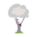 Young Man Sitting on Tree Branch, Guy Hiding in Tree Crown Vector Illustration Royalty Free Stock Photo