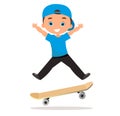 Young man skateboarding. Cartoon boy skater riding a skateboard and doing a skateboard trick. Flat design. Vector illustration eps Royalty Free Stock Photo