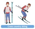 A young man with ski. Skier standing and running. Cross country skiing, winter sport, active recreation. Vector