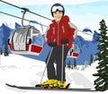 Young man skier standing in front of cable cars lift at ski resort