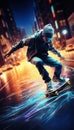 Young Man Skill Courage Skateboarding Night Street Design Illuminated Lines. Generative ai Royalty Free Stock Photo
