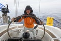 Young man skipper in the sea at the helm of a sailing yacht. Sport. Royalty Free Stock Photo