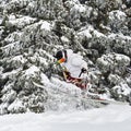 Young man on skis doing tricks with ski poles. Royalty Free Stock Photo