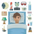 Young man with sleep problem insomnia and items.
