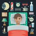 Young man with sleep problem insomnia and items. Royalty Free Stock Photo