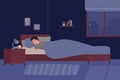 Young man sleeping in his bed. Cartoon boy room bedroom at night Royalty Free Stock Photo
