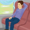 Young man sleeping while traveling on train sitting in a passenger coach with eyes closed Royalty Free Stock Photo