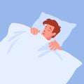 Young man sleeps in bed. Boy in pajama sleeping on pillow under blanket. Royalty Free Stock Photo