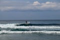 Young man sliding down a wave on a yellow surfboard. Surfer on a yellow surfboard on the crest of the wave. Young surfer learns to