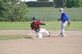 A young man sliding into second base