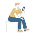 Young man with smartphone linear illustration. Confused guy holding telephone in hand isolated contour cartoon character