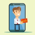 Young man from smartphone screen giving credit card paying for the purchase, isolated on background. Vector illustration Royalty Free Stock Photo