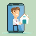 Young man from smartphone screen giving house, isolated on background. Real estate agent handing holding in palm home.