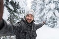 Young Man Smile Camera Taking Selfie Photo In Winter Snow Forest Guy Outdoors Royalty Free Stock Photo