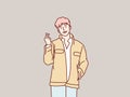 Young man smiling happy showing mini heart shaped love hands gesture simple korean style illustration