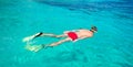 Young man snorkeling in clear tropical turquoise Royalty Free Stock Photo