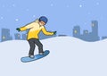 A young man with snowboard in motion. Snowboarding, extreme winter sport, active recreation. Vector Illustration Royalty Free Stock Photo