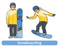 A young man with snowboard, standing and in motion. Snowboarding, extreme winter sport, active recreation. Vector Royalty Free Stock Photo