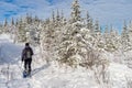 Young man snowshoeing in winter, in the Quebec eastern township Royalty Free Stock Photo