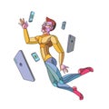 A young man soars in the air surrounded by flying phones. Levitation, magic and technology