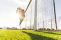 Young man soccer player is training alone for football at the stadium at sunset - Goalkeeper catches the ball Royalty Free Stock Photo