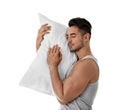 Young man with soft pillow Royalty Free Stock Photo