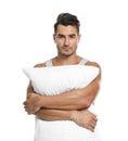 Young man with soft pillow Royalty Free Stock Photo