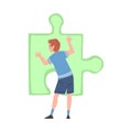 Young Man Solving Jigsaw Puzzle, Guy Trying to Connect Big Green Puzzle Element Cartoon Style Vector Illustration Royalty Free Stock Photo