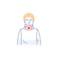 Young man with sore throat pain line icon.