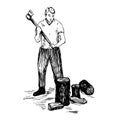 A young man is splitting firewood with an ax on a long handle, hand drawn doodle, sketch, vector illustration