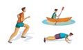 Young Man in Sportswear Running, Doing Push-ups and Kayaking Vector Set