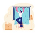 Young Man Stand on Ladder Hanging Curtains on Window in Living Room. Male Character Household Activity