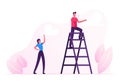 Young Man Stand on Ladder and Yelling, Woman Standing Downstairs with Index Finger Rising Up Managing Process