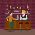 Young man standing at bar counter. Boy orders a glass of foamy light beer. Pub bartender serving client. Barman pours alcohol. Bar