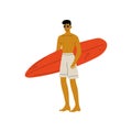 Young Man Standing on Beach with Surfboard, Guy Relaxing on Beach on Summer Vacations Vector Illustration Royalty Free Stock Photo