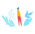 Young man standing and contemplating surrounded by stylized blue plants. Reflective mood, introspection with botanical