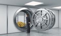 Young man standing in front of a big unlocked round metal safe i