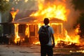 Young man standing in front of a burning house. Generative AI