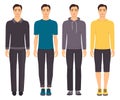 Young man standing in full growth in different clothes. Man in elegant, casual, sport clothes. Basic wardrobe. Vector illustration Royalty Free Stock Photo